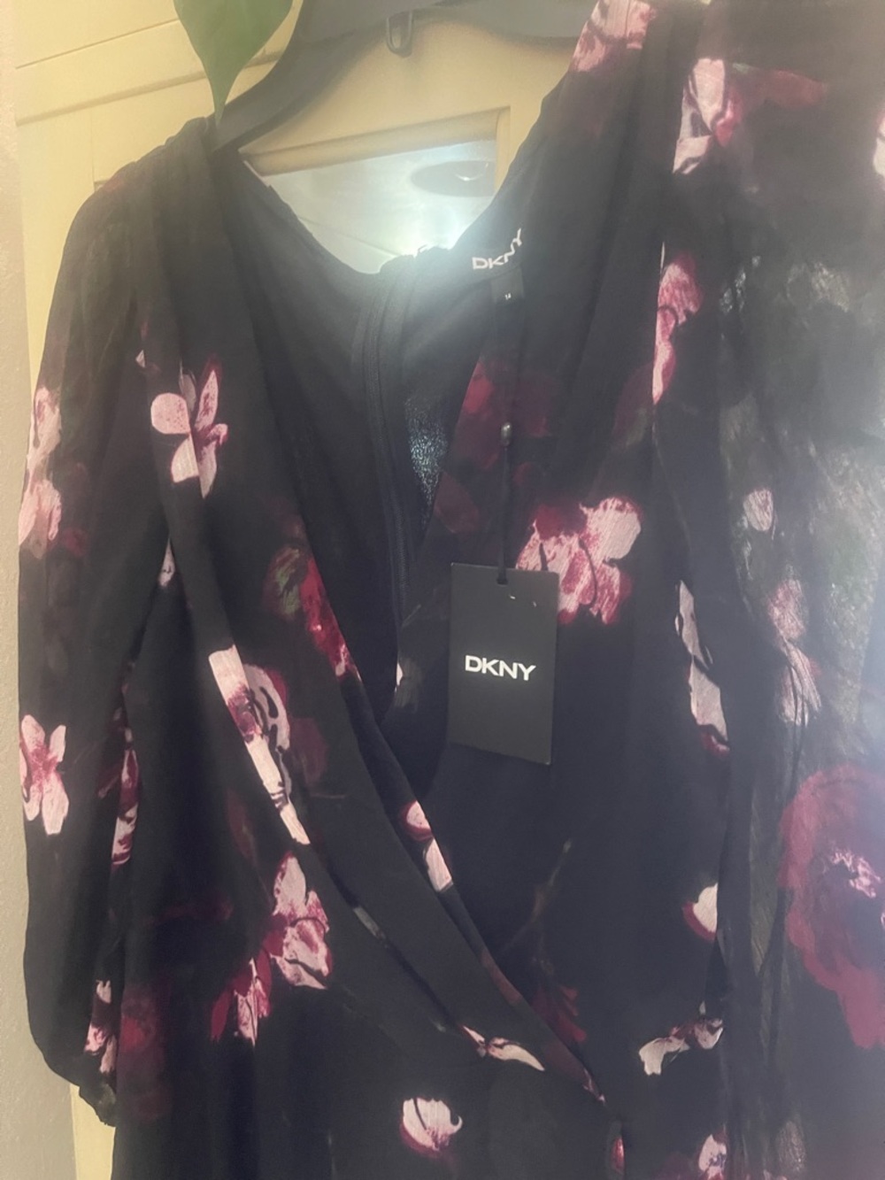 DKNY Black Floral Wrap-Style Dress with Pink and Burgundy Blooms